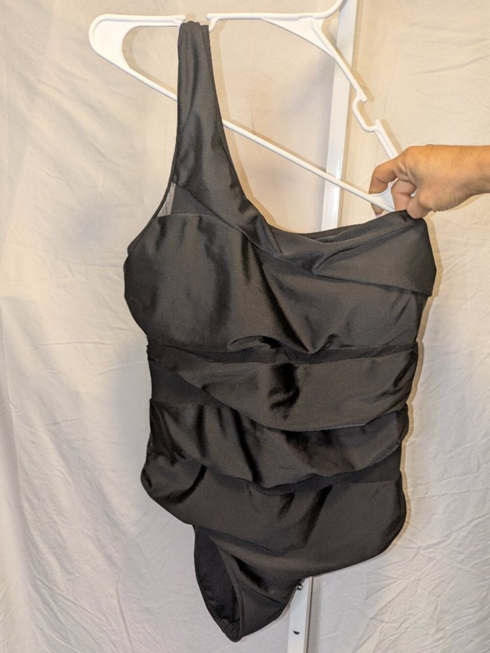 Elegant Black One-Shoulder Ruffle Mesh One-Piece Swimsuit - XXL